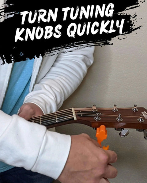 Person using 3 In 1 Guitar String Winder Cutter And Bridge Pin Puller for Acoustic and Electric Guitars to turn tuning knobs.