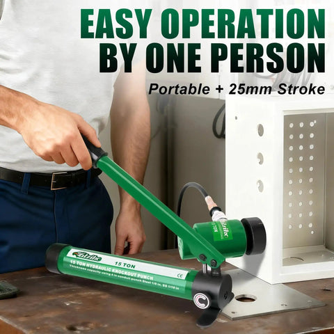 Electrician using Fifteen Ton Heavy Duty Hydraulic Knockout Punch Kit One Half Inch To Four Inch Type D on electrical panel
