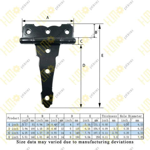 Diagram of 4 Inch Strap Hinges Heavy Duty Rustproof Classic Antique Shed Door Hinges Set Of 6 With Screws Included sizing chart