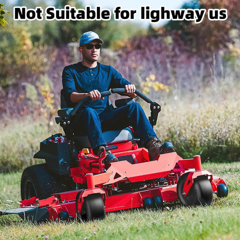 Man operating zero-turn mower with heavy duty 13x6.50-6 flat free lawn mower tires and wheels set on grass