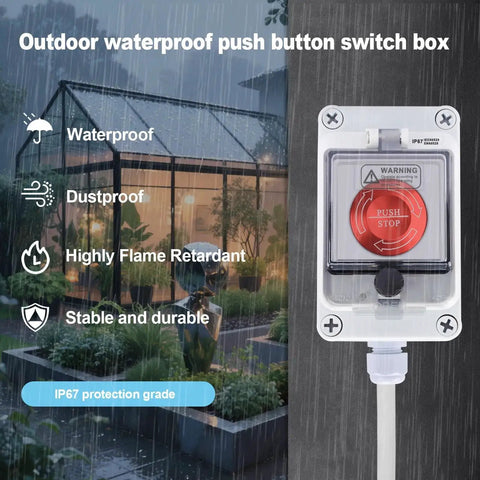 Outdoor waterproof push button switch box in rainy setting, labeled features including waterproof, dustproof, flame retardant, and durable design