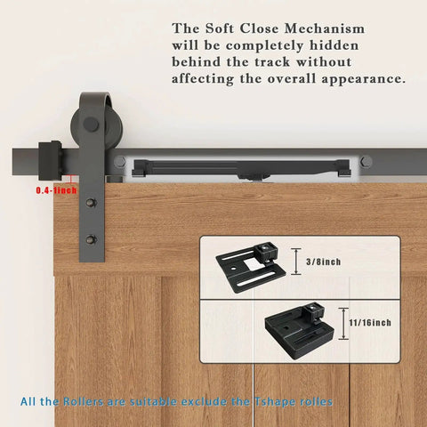 Hole-Free Barn Door Soft Close Mechanism installed on wood door, upgraded sliding door hardware with spring buffer damper visible