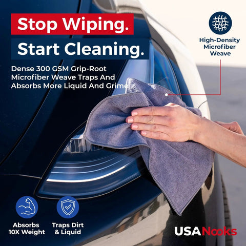 Hand using Ultra Absorbent Microfiber Cleaning Cloths for Car Shine Streakfree 12 Pack to wipe a car headlight