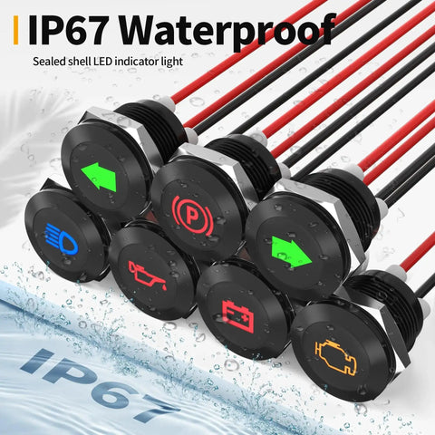Close-up of 12V LED Indicator Light Kit Waterproof Seven Piece Set For Your Ride Dash Panels 12V And 24V Metal Indicator Lights Black