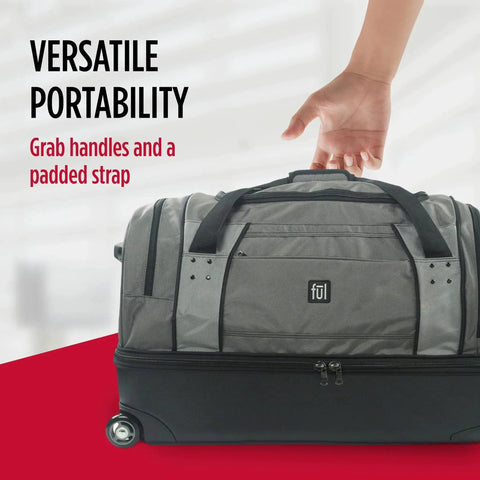 30 Inch Rolling Duffel Bag From Ful With Split Level Storage and Hard Shell Base, featuring grab handles and padded strap in grey.