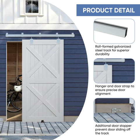 8 Ft Exterior Barn Door Hardware Kit For Outdoor Use Heavy Duty Sliding Track System Galvanized Steel With Floor Guide And Adjustable Rollers Weather Resistant Construction For Exterior Doors Hardware Only No Door installed on barn wall