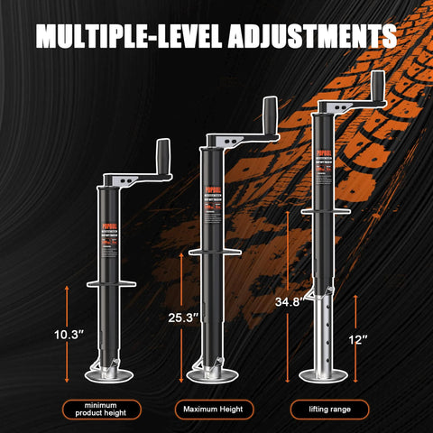 Five-thousand-pound A-frame trailer jack by POPBULL, black steel with chrome base, shown in three height positions