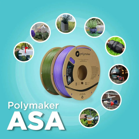 Polymaker ASA 3D Printing Filament spools with outdoor project images, featuring durable and weather resistant material in various applications.