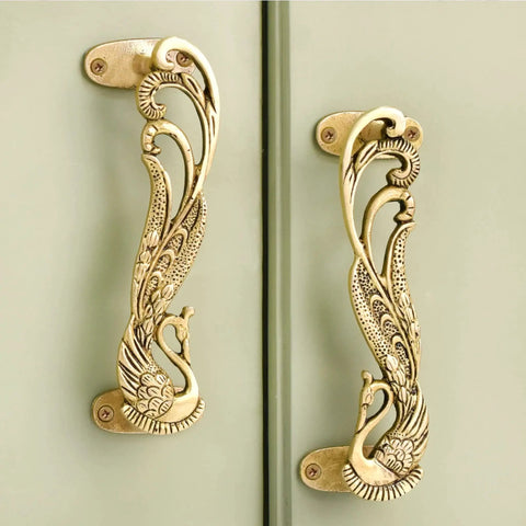 Peacock Inspired Decorative Door Handles Set One Pair for Interior Doors and Cabinets Vintage Style Pulls in Antique Brass Gold Finish