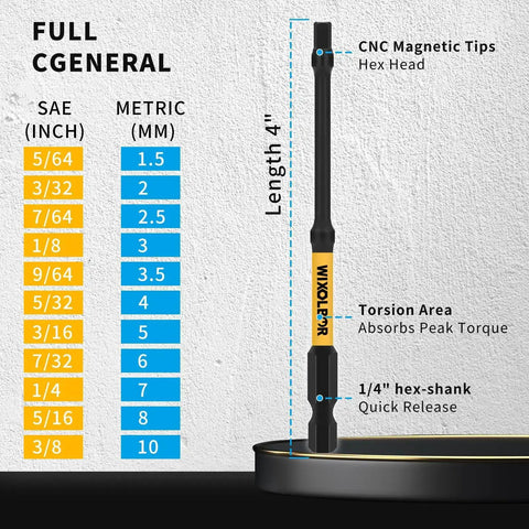 23 Piece 4 Inch Extra Long Hex Head Allen Wrench Drill Bit Set with Magnetic Bit Holder and CNC Magnetic Tips diagram