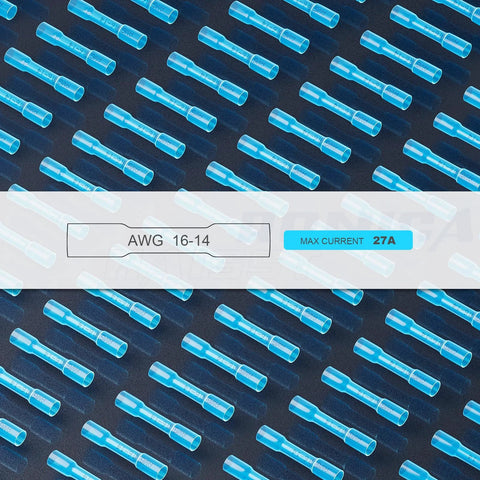 Blue insulated heat-shrink butt connectors for 16-14 AWG wires, marine-grade, 27A max current