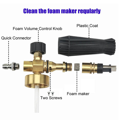 Disassembled parts of Beast Foam Cannon For Car Wash With Easy Fill Bottle And Snow Foam Lance One Quarter Inch Quick Connect