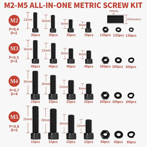 1760 Piece Metric Screw Set With M2 M3 M4 M5 Bolts And Nuts, Hex Socket Cap Head Screws For 3D Printers, black zinc plated