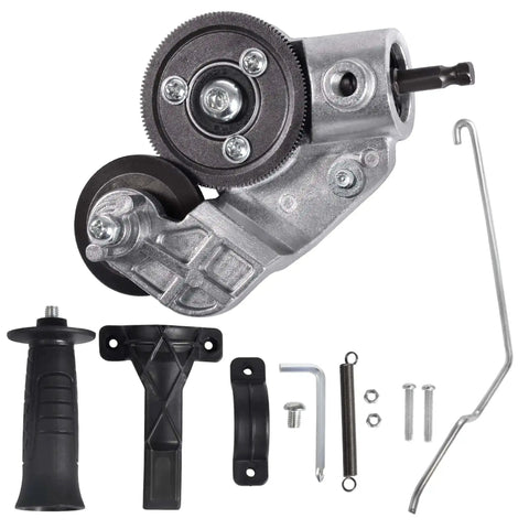 Electric Drill Plate Cutter Attachment for Metal Cutting with accessories shown, versatile shears for cutting trim panels and roofing.