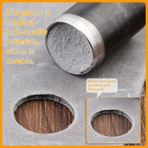 Close-up of 5 Size Leather Hole Punch Set With Hollow Punch Cutter Tools for DIY leather craft projects showing round holes cut in leather.