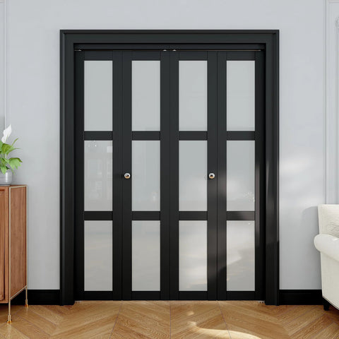 Front view of Ready To Install Bifold Closet Door Set For 64x80 Openings With 3 Lite Tempered Frosted Glass Panels, Pre Assembled Black PVC Surface