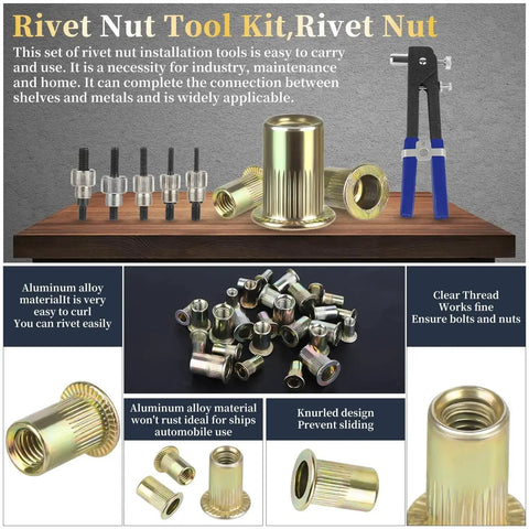 All In One Nutsert Rivet Nut Tool Kit With 500Pcs Metric Nuts M3 M4 M5 M6 M8 displayed with tools and rivet nut examples