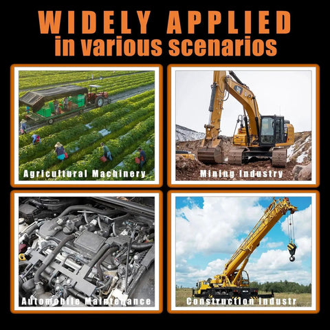 Four images showing various uses of Three Pack Reusable Hydraulic Hose Field Repair Kit in agriculture, mining, automotive, and construction industries.