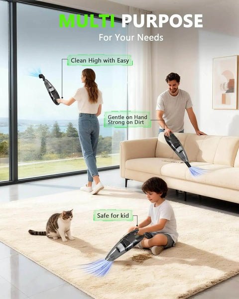 Family using the Cordless Handheld Vacuum Cleaner With 11KPa Strong Suction And Up To 25 Minutes Runtime for different home cleaning tasks.