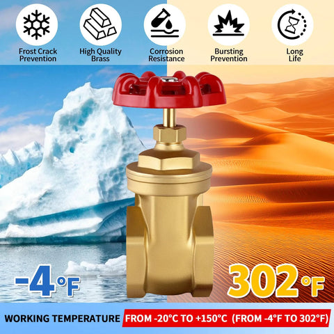 Brass 3/4 in NPT gate valve with red wheel handle, double female threads, heavy-duty water shutoff for plumbing and HVAC.