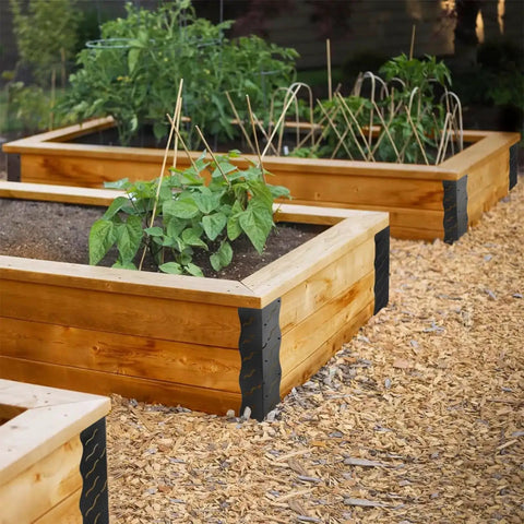 Raised garden beds with Set Of Eight Heavy Duty Raised Bed Corner Brackets With Wood Screws Rust Resistant Metal Connectors, matte black finish.