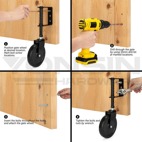 Installation steps for 5-Inch Heavy Duty Spring Loaded Gate Caster With 360-Degree Swivel For Wooden Gates And Fences, Black.