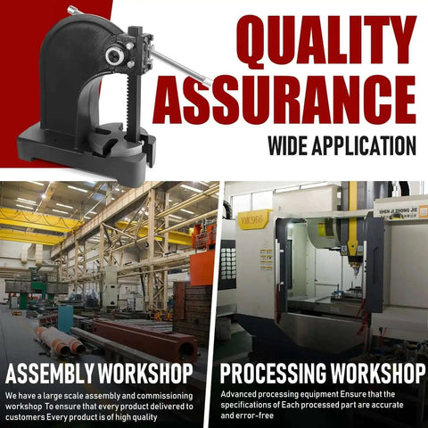 Beefy 1 Ton Manual Arbor Press with hand wheel shown above assembly and processing workshops for quality assurance.