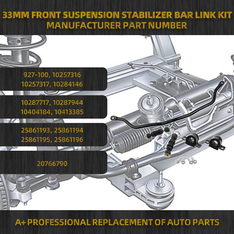 33mm front stabilizer bar link kit with black end links, bushings, and mounting hardware