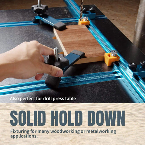 All-In-One T Track Knob Kit With Hold Down Clamps For Woodworking Jigs And Fixtures holding wood on drill press table