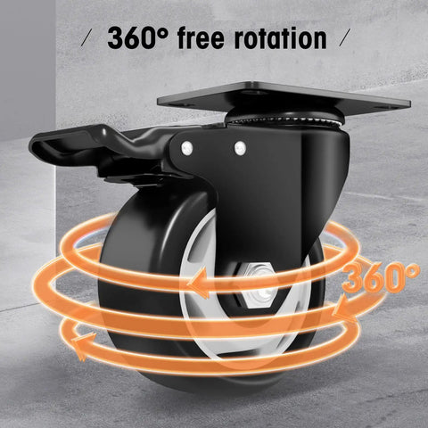 Close-up view of a 3-inch black polyurethane caster with a top-plate swivel.