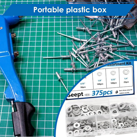 Silver Pop Rivet Washer Assortment Kit 375 Pcs In Five Sizes with tool and washers on green mat