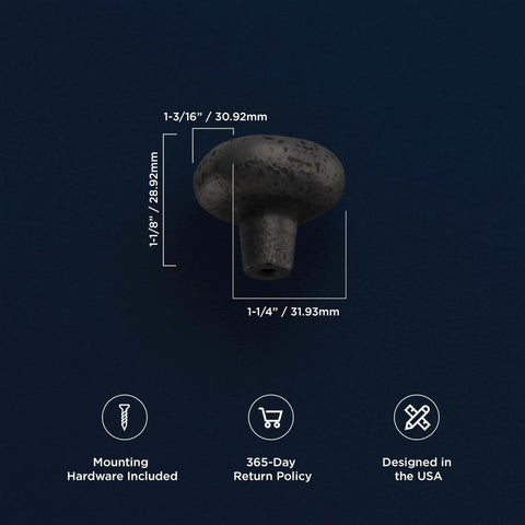 Solid Core Black Iron Cabinet Knobs For Kitchen And Dresser, One And One Quarter Inch Heavy Duty Metal Pulls For Doors And Drawers, Boss Level Refined Rustic Collection By Hickory Hardware, One Pack, showing size dimensions on dark background.