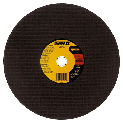 Heavy Duty 14 Inch Metal Chop Saw Blade With Aluminum Oxide Grain For Fast Cuts And Long Life High Grain Concentration For Aggressive Cutting And Smoother Runs Durable Cut Off Wheel For DEWALT DW8001 front view.