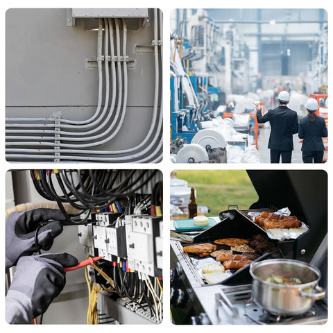 uxcell ceramic tube insulation for electrical wire bundles, 10 pcs, gray single bore
uxcell ceramic tube insulation for industrial wiring, factory scene with workers and machinery
uxcell ceramic tube insulation for electrical panel wiring, close-up with gloved hands
uxcell ceramic tube insulation for heat protection, outdoor barbecue grill with meat