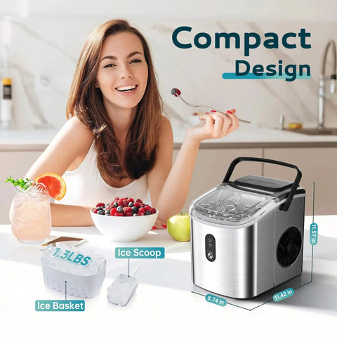 Portable Countertop Ice Maker With Carry Handle 9 Cubes In 6 Minutes Auto Clean on kitchen counter with scoop and basket