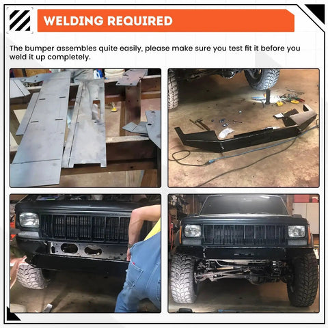 DIY Front Bumper Bare Metal Kit For 1984-2001 Jeep Cherokee XJ Winch Mount Plate assembly and installation process images.