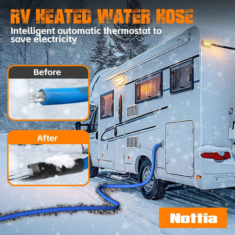 RV heated water hose with thermostat connected to a blue hose on a snowy RV, frost protection to -45°F, lead-free and BPA-free