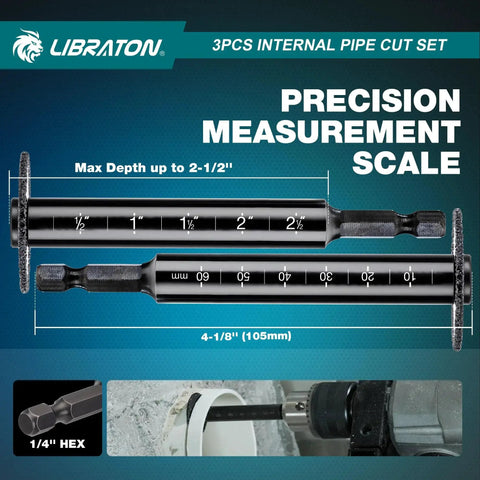 Internal PVC Pipe Cutter Kit With Diamond Grit Cutting Wheel And Deburring Tool For Impact Drivers And Drills showing precision scale and cutting action