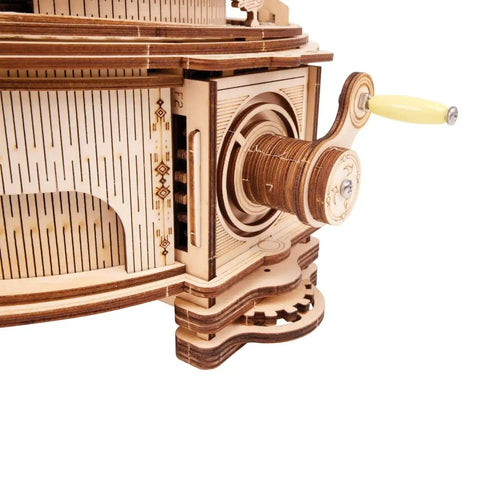 Close-up of crank on DIY Solar System Wood Puzzle Kit For Teens And Adults, 14 Inch Tall 3D Solar System Model
