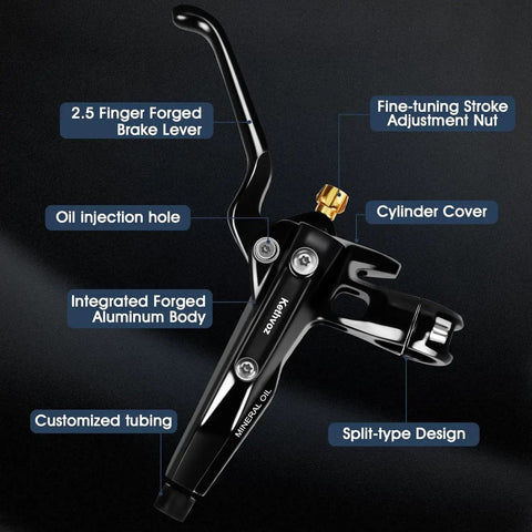 Side view of Kethvoz MTB hydraulic brake lever and caliper, black aluminum body with 2.5-finger forged lever