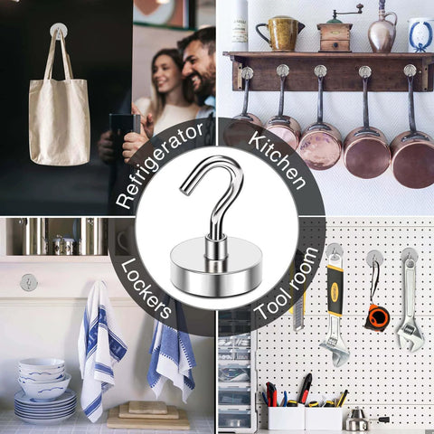 Magnetic hook used for hanging items in kitchen, tool room, and locker images with cookware, towels, and tools displayed.