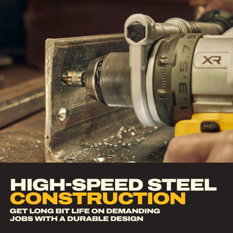 Industrial Countersink Drill Bit Set For Wood Metal Plastic DEWALT in use on metal surface, showing high-speed steel construction.
