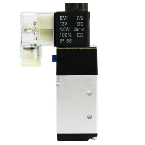 Side view of 1/4 inch NPT 5-way 2-position DC 12V pneumatic solenoid valve with black coil housing and silver body