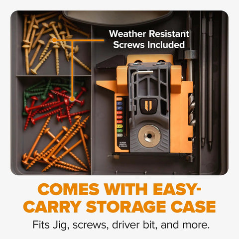Mini Pocket Hole Jig Kit Auto Adjusting Portable System in storage case with assorted screws for woodworking joints.