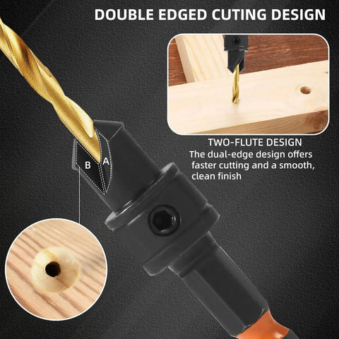 Close-up of Pro Grade HSS Adjustable Countersink Drill Bit showing double-edged cutting design in use on wood, highlighting two-flute design.
