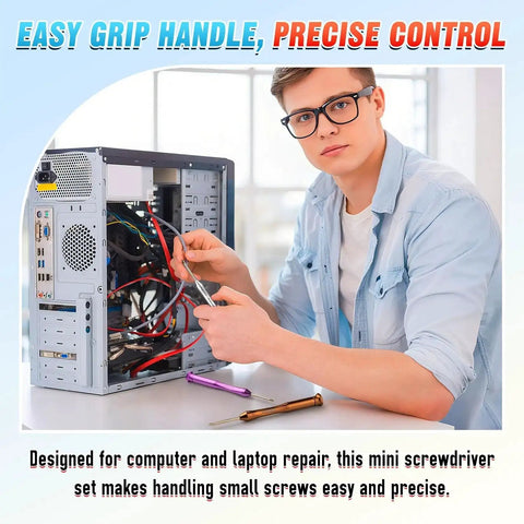 Person using Magnetic Mini Screwdriver Set Six Piece Precision Kit for computer repair, showcasing easy grip and precise control.