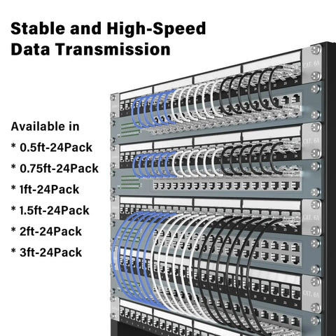 Data rack with multiple Cat6a Patch Cable 1.5ft 24 Pack Slim 28AWG Snagless UTP Ethernet Cables for secure data transmission