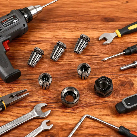 Nine Piece ER11 Spring Collet Nut Set With M14 Thread For CNC Milling Lathe Tooling on a workbench surrounded by tools