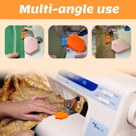 Three-pack magnetic seam guides for sewing machines; hexagonal, scale-marked, assorted colors, shown installed for hems.