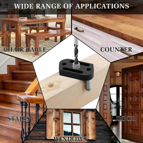 Self Centering Doweling Jig With Eight Size Drill Bushings for woodworking applications on tables, counters, stairs, and windows.